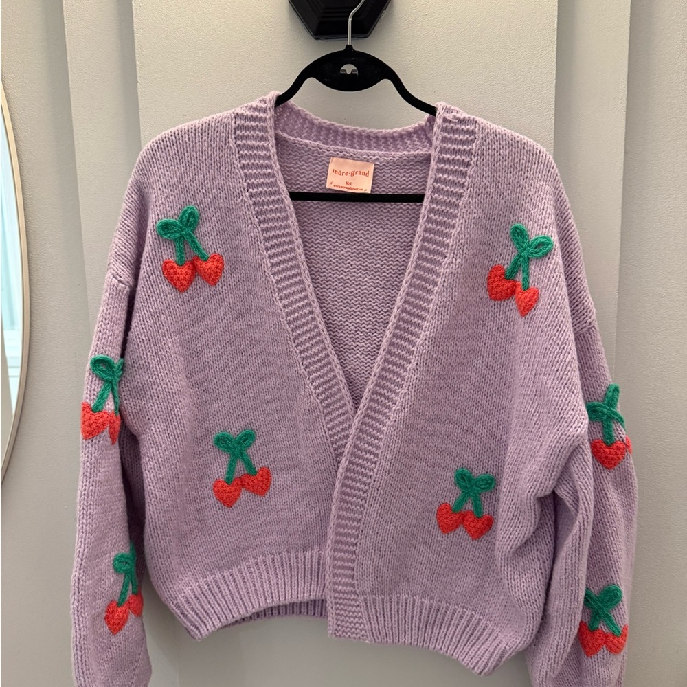 Never Worn Mure & Grand Charming Lilac Cardigan with Cherry heart 3D Embroidery